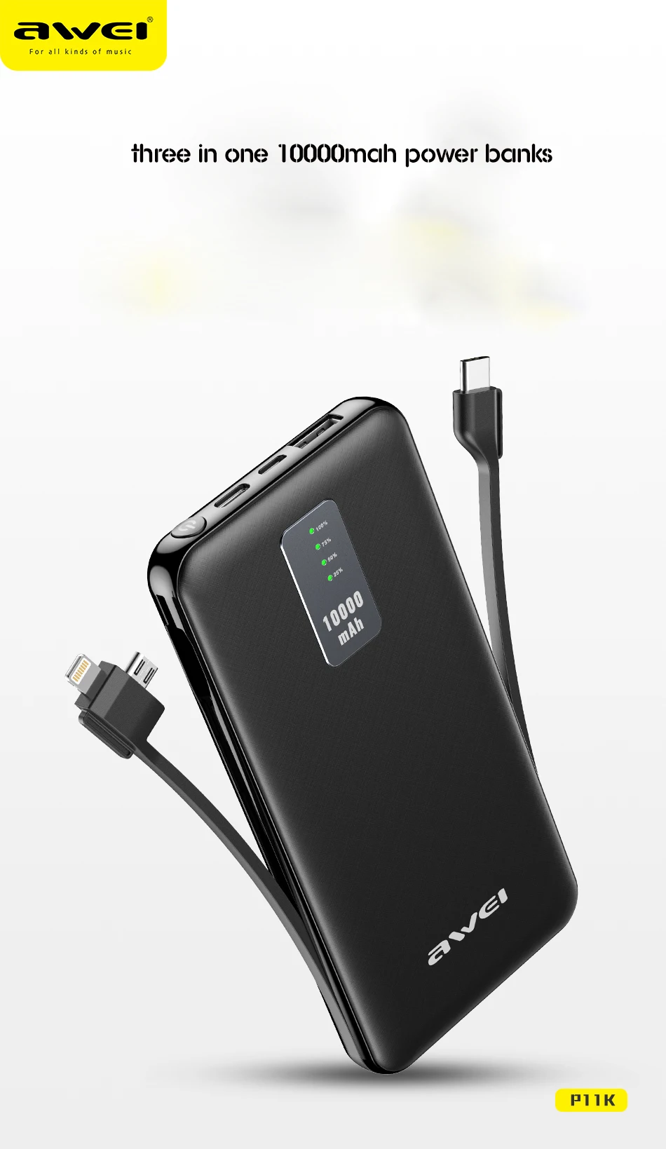 Awei P11k Power Banks 10000mah 3 In 1 Portable Power Bank Big Capacity