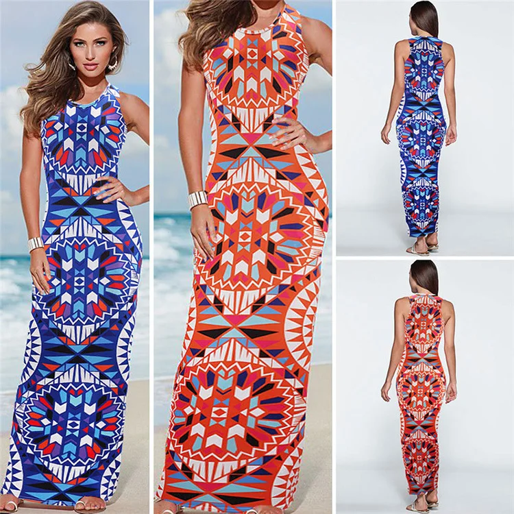 Maxi Dress Summer Bohemian Boho Dress For Women Clothing 2018 New Fashion Sexy Sleeveless Print Bandage Tank Long Dresses