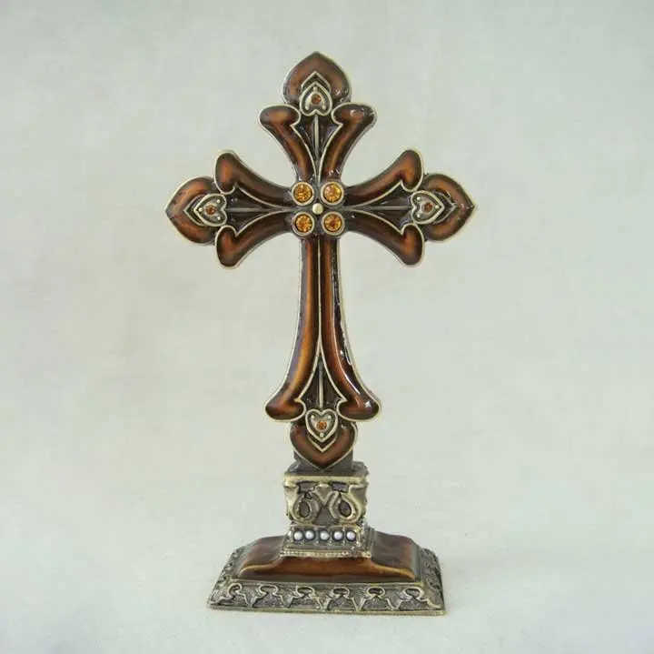 Silver Tone Pearl White Enameled & Crystal Jeweled Tabletop Cross