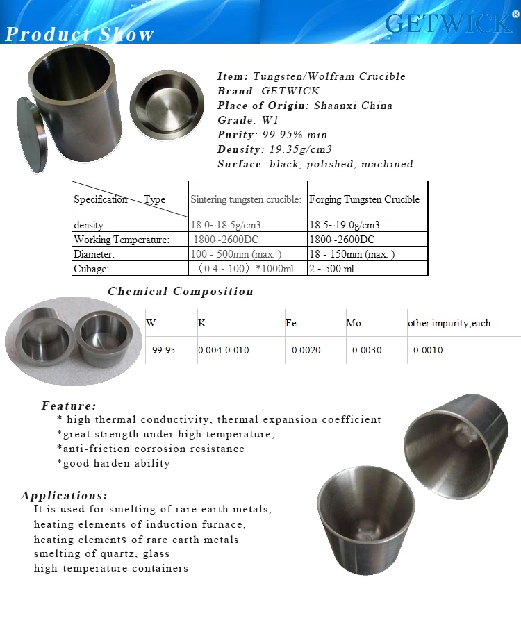 99,95% Tungsten Crucible für Saphir Kristall Wachstum Ofen zu verkaufen