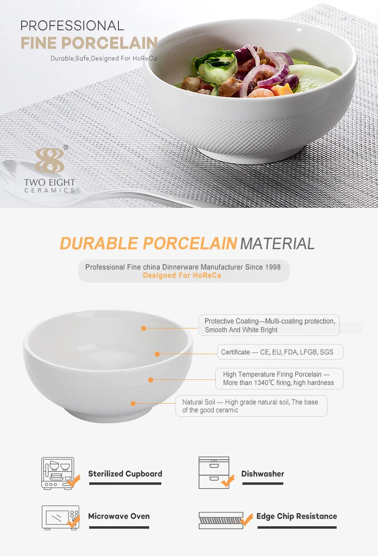 Ceramic Dinner Porcelain Round Bowl,Porcelain Salad White Bowl,The Dinner Bowl for Restaurant or Hotel