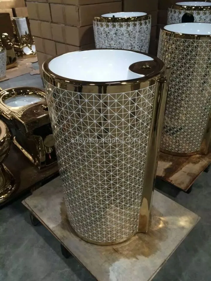 Ceramic Bathroom Pedestal Basin Gold Wash Sink Color Basin With