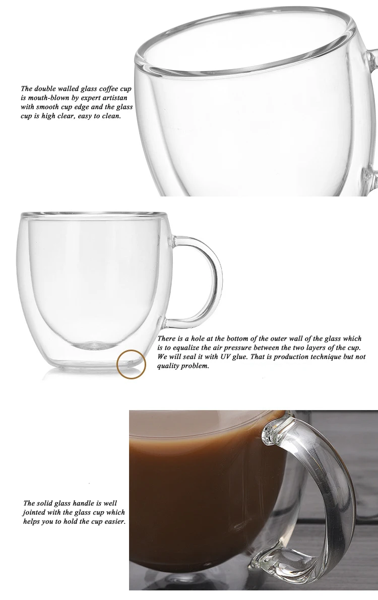 250ml 350ml 450ml Double Wall Glass Coffee Cup with Handle