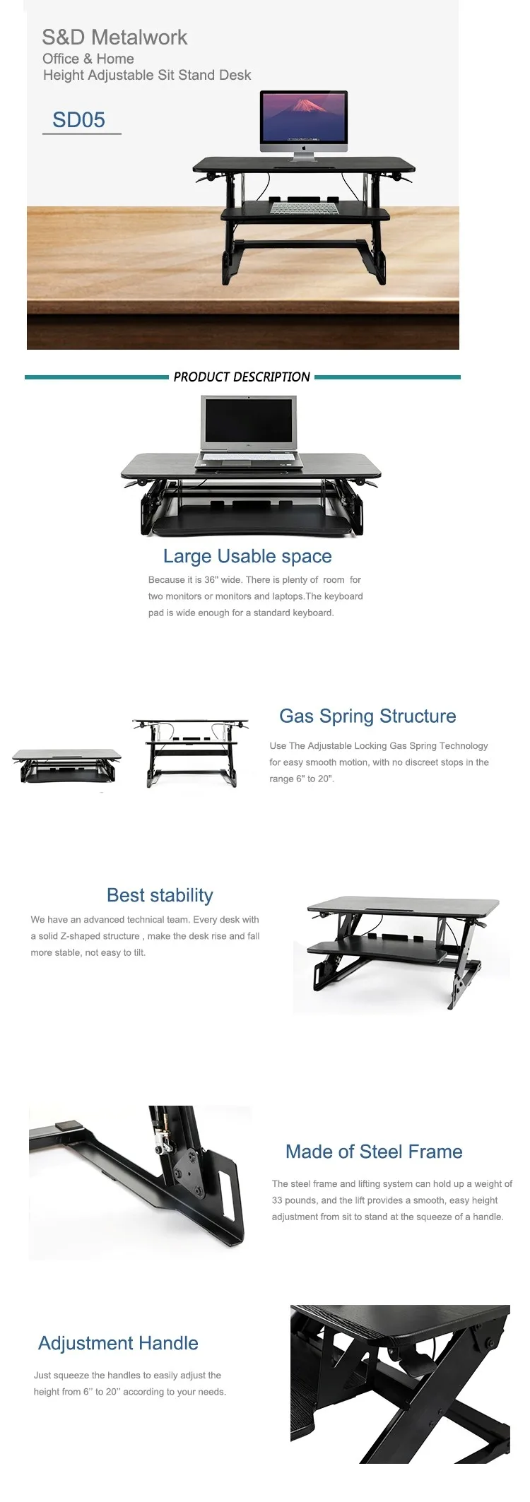 Hot Selling Office Height Adjustable Standing Computer Tabletop