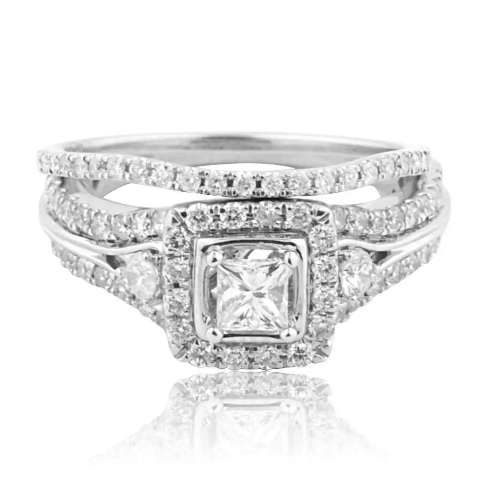 Midwest Jewellery 14K White Gold Wedding Ring Vintage Princess Cut Diamond Solitaire 9mm Wide 2pc Set 0.99cttw(i2/i3, i/j)