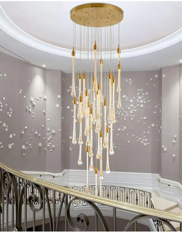 Customized long LED chandelier pendant light hotel application modern gold crystal Chandelier light for high ceilings