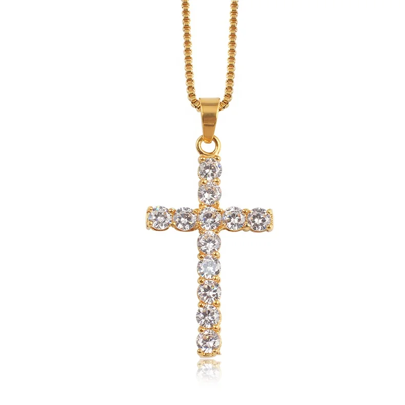 Oumi Stainless Steel Cubic Zirconia Gold Simple Design Cross Crystal
