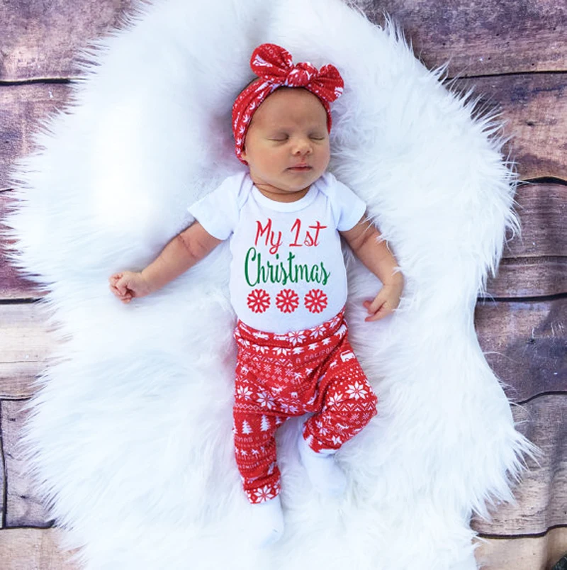 Baby Girl 4P Set Newborn Baby Boy Girl Romper Tops+Pants+Hat+Headband Christmas