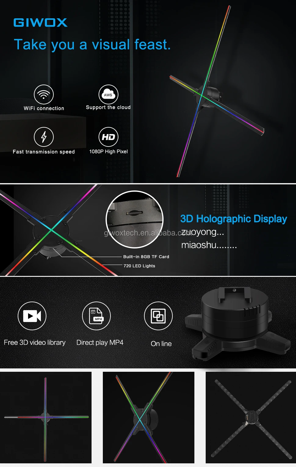 Giwox Holo 65hd 3d Hologram Projector 4 Blades 8gb Wifi Connected With