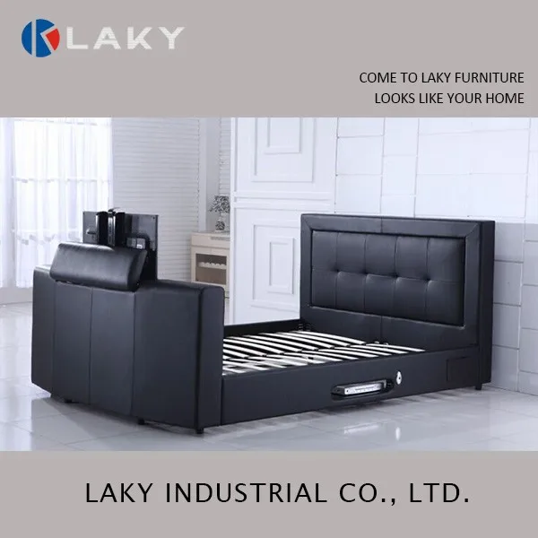 Lb 1508 High End Black Leather Bed With Tv In Footboard Buy