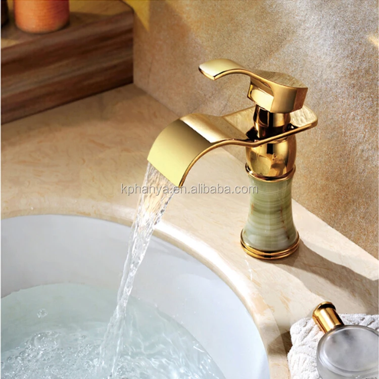 Waterfall Bathroom Marble Stone Vessel Sink Faucet Gold Plated