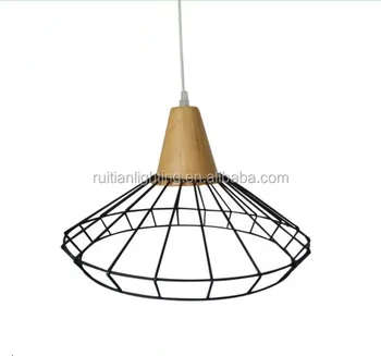 Black Color Iron Pendant Light Ceilling Lamp Wooden Base E27