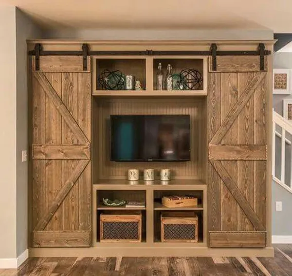 Artistic Tv Showcase Furniture Farmhouse Barn Door Bookcase With
