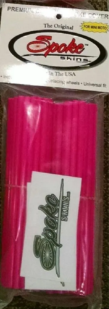 The Original Spoke Skins, Motorcycle, Bicycle and Dirt Bike Spoke Skins- PINK- Size MOTO- Fits 18"-21" rims. Quantity of 38 front skins at 8.5 inches in length and 38 rear skins at 7.5 inches in length. Total quantity of 76 skins to complete 2 wheels.
