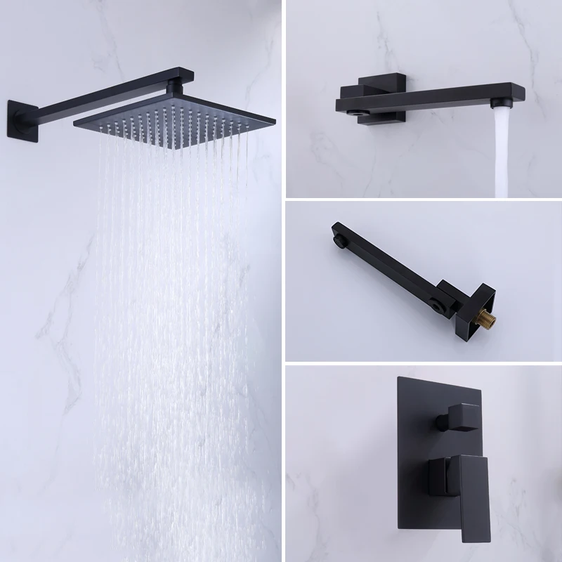 Black Single Handle Concealed Bath Shower Faucet 8 Inch Rainfall Square