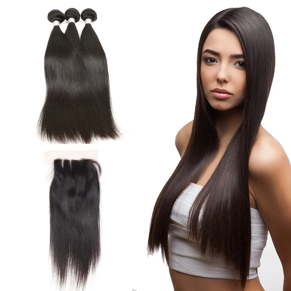7A Mink Brazillian Straight Hair With Closure Brazilian Virgin Hair With Closure 3/4 Bundles Straight Brazilian Hair With Closure 100% Remy Virgin Hair (16 18 20 +Lace Closure 14, Middle Part)