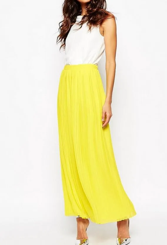 yellow pleated maxi skirt
