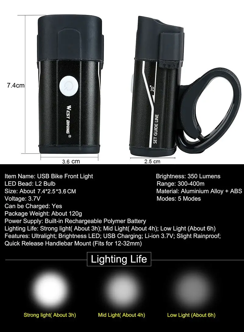 Cheap WEST BIKING Bicycle Light L2 LED USB Rechargeable Bike Headlamp 5 modes Cycling Handlebar Safety Flashlight With Warning Light 1