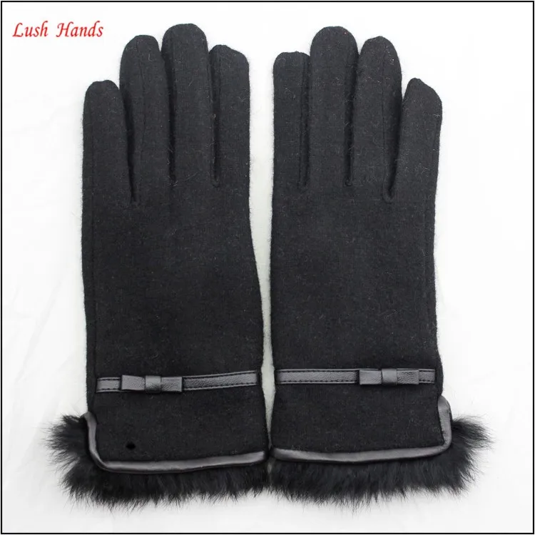 ladies winter cheap black woolen hand gloves with fur