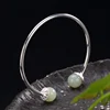 Classical Design Handcraft Sterling Silver Cuff Bangle Inlay Natural Nephrite Jade