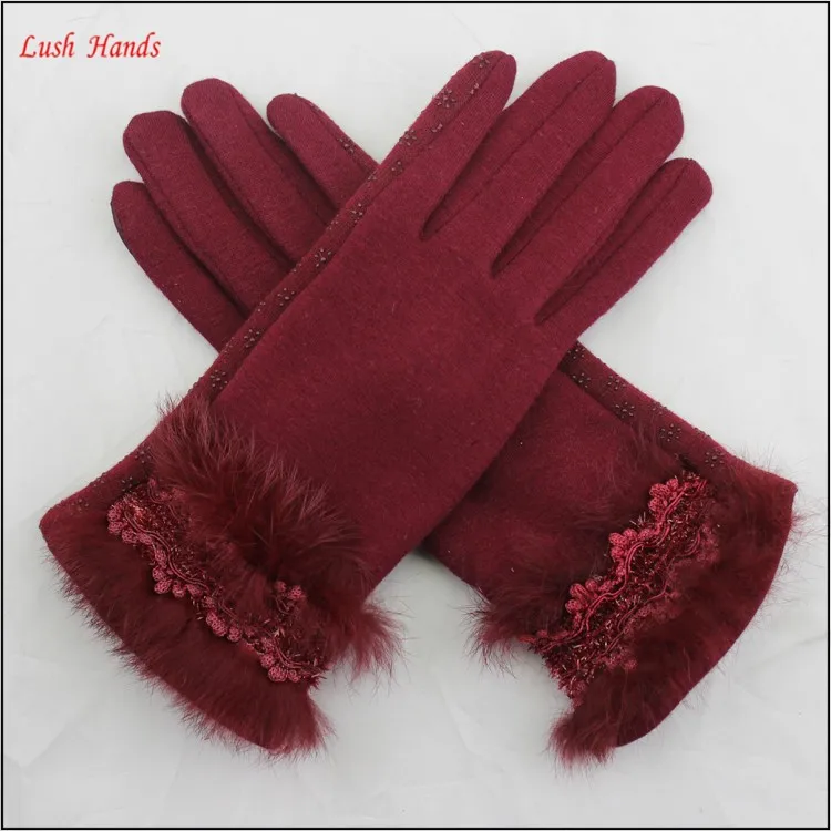 ladies cheap spring driving red micro velvet hand gloves with rabbit fur