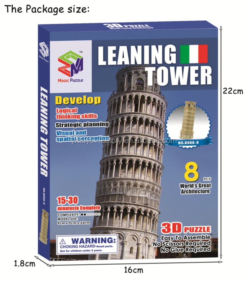 Ardesia Torre Pisa 3d Puzzle 23cm SCATOLA KIT Italy 