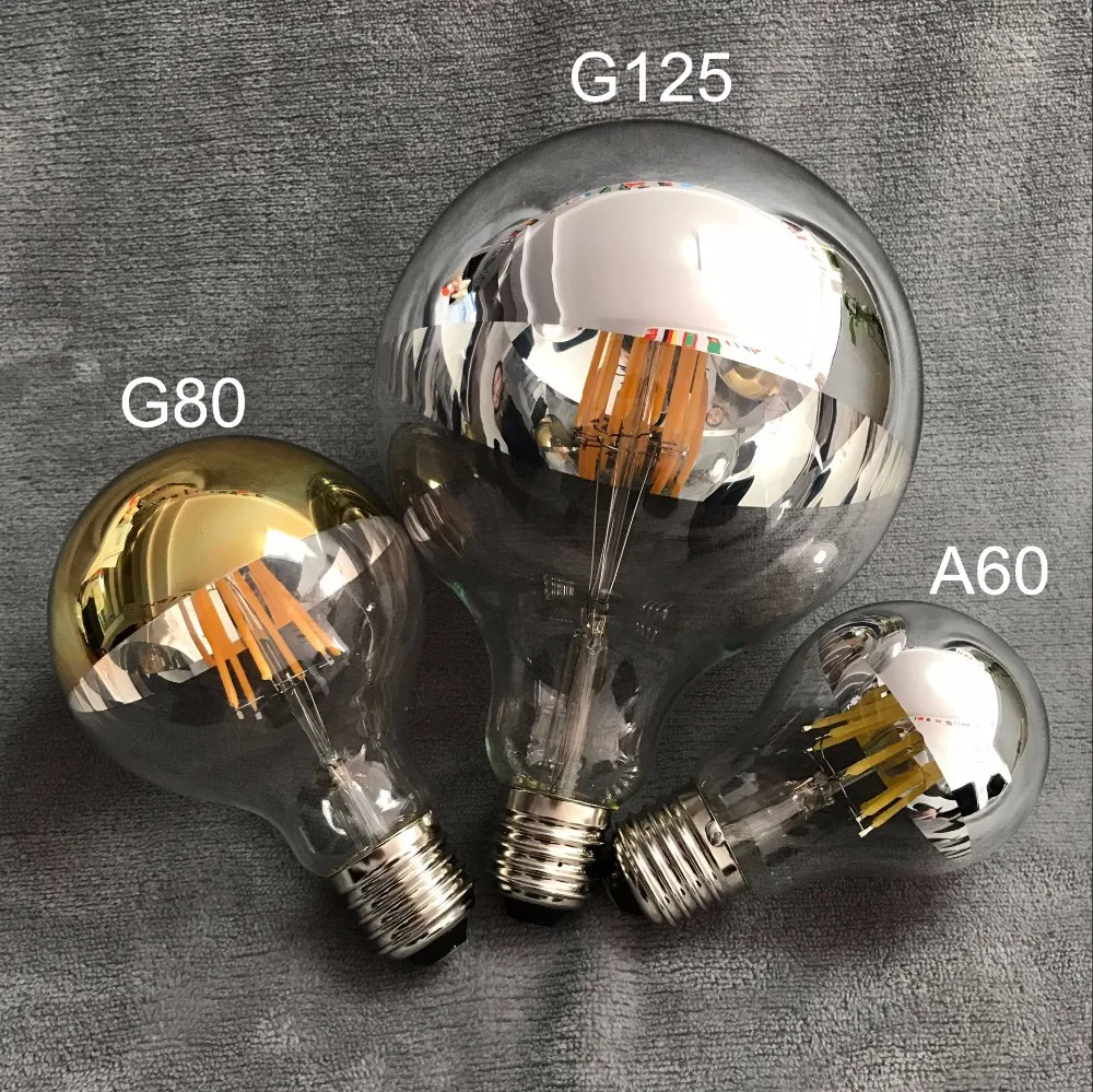 Lamp shades A60 hanging light bulbs 8W half mirror reflector led filament bulb