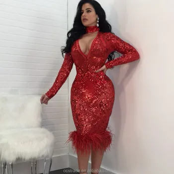 Red Long Sleeve Sequin Dress