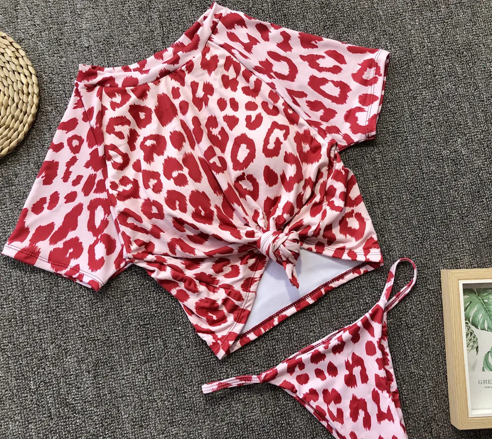 Ladies Half Sleeve Brazilian Belt Swimwear Two Piece Printed Knot Sexy