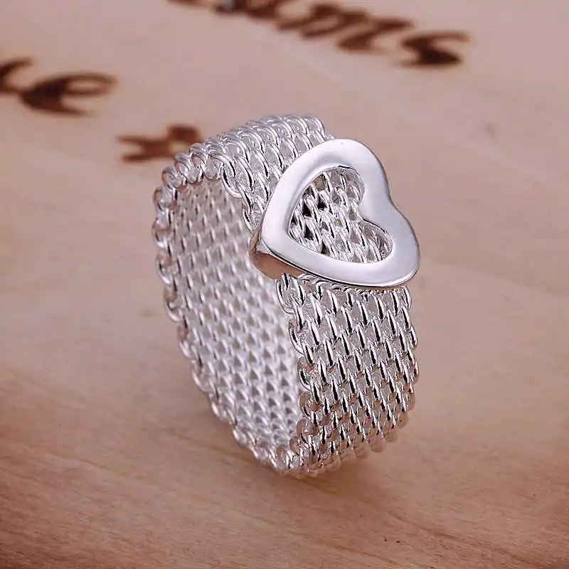 Free Shipping silver plated Ring Fine Fashion Net Heart Ring Women Men Gift Silver Jewelry Finger