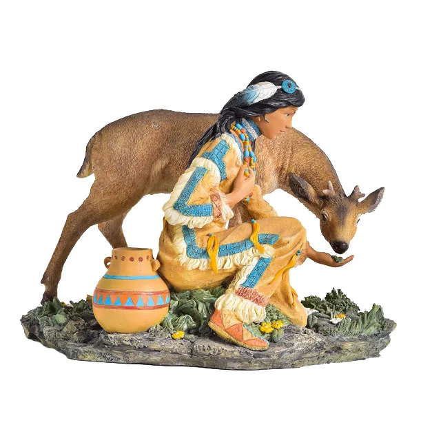 Resin Native Americans with deer collectible Indian figurines for home decoration