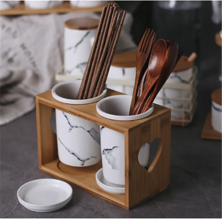 Restaurant condiment spice storage ceramic marble canister with stand and spoon 