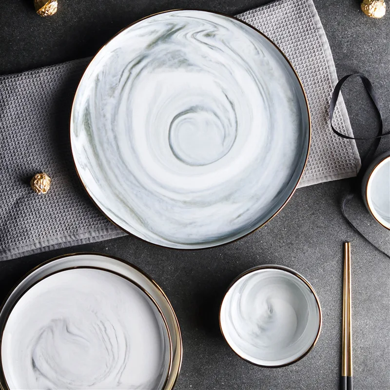 Set Of 5 Porcelain Marble Dinner Sets With Gold Plated - Buy Porcelain ...