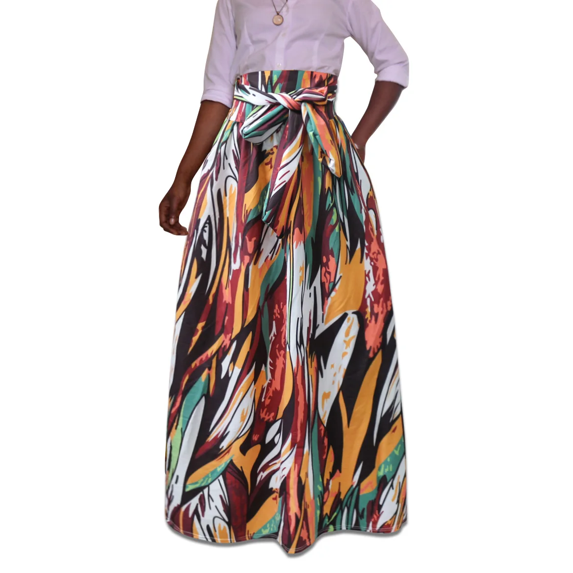 African Kitenge Pleated Maxi Long Skirt Digital Printing Plaid High ...