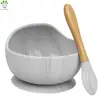 Portable Non Spill Silicone Baby Suction Bowl with Wood Spoon Set for Kid Toddler Snack