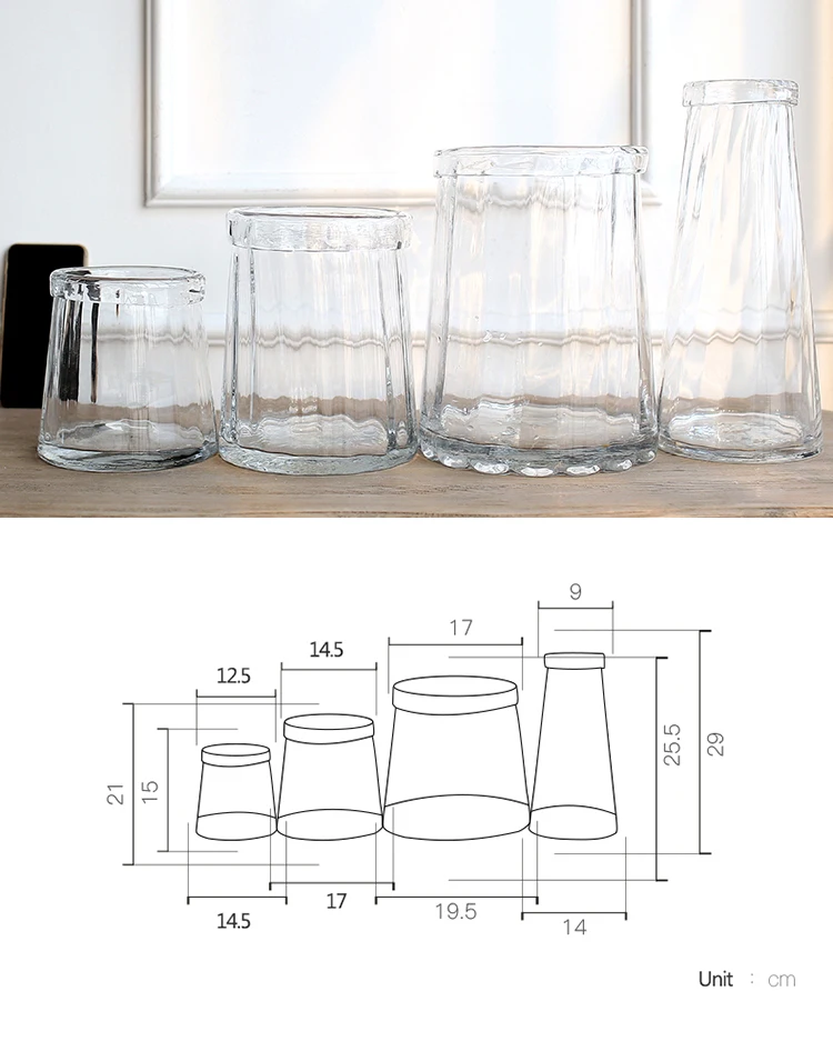 Bixuan Vases Clear Ribbed Handblown Glass Flower Jar Vase Folded Rim