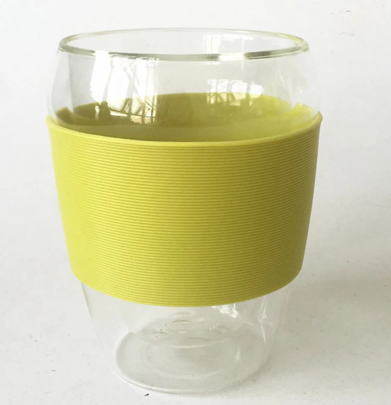 Double Paroi Caf&eacute; Th&eacute; Tasse En Verre Tasse En Plein Air avec Manchon En Silicone