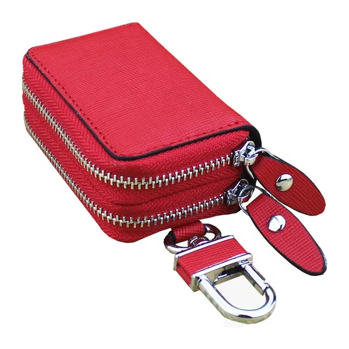 Hot Sale Double Zipper Car Key Pouch With Car Key Ring Cowhide Leather Key Holder Bag With Key Chain.jpg