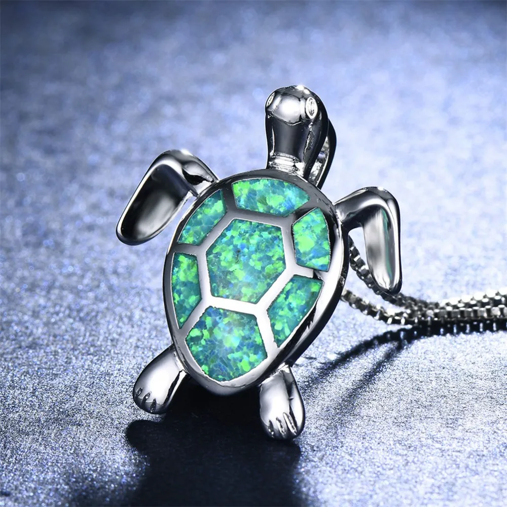 Australia Multicolor Fire Opal Sea Turtle Pendant Necklace 925 Sterling