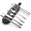 Stainless Steel Camping Cutlery Set Included Knife Fork Spoon Chopsticks And Cleaning Brush Straws Portable Case For Travel