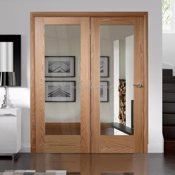 Modern Interior Oak Veneered Wood Door Pair With Clear Glass Inlay ... Modern Interior Oak Veneered Wood Door Pair With Clear Glass Inlay ...
