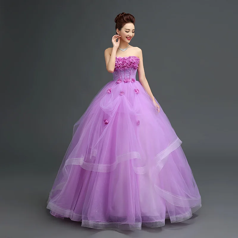 Spring New Arrival Flower Lace Up Princess Prom Dress Puffy Purple Ball