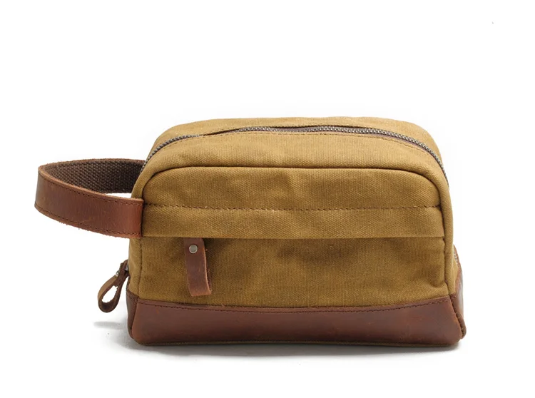 custom retro first layer leather hand wrist toiletry oil waxed canvas bag (6)