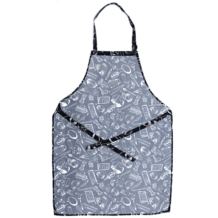 Black Cute Women Lady Printed Polyester Dress Cooking Apron For Home Kitchen with Pocket