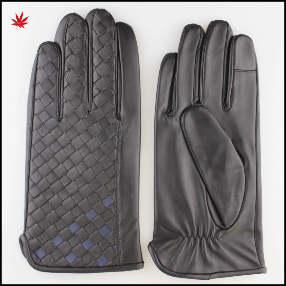men fashion sheepskin finger touch screen woven two colour leather gloves