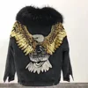 Chic punk real fox fur lining jean overcoat back embroidery patchwork lady windbreaker coat woman denim fur hooded winter jacket