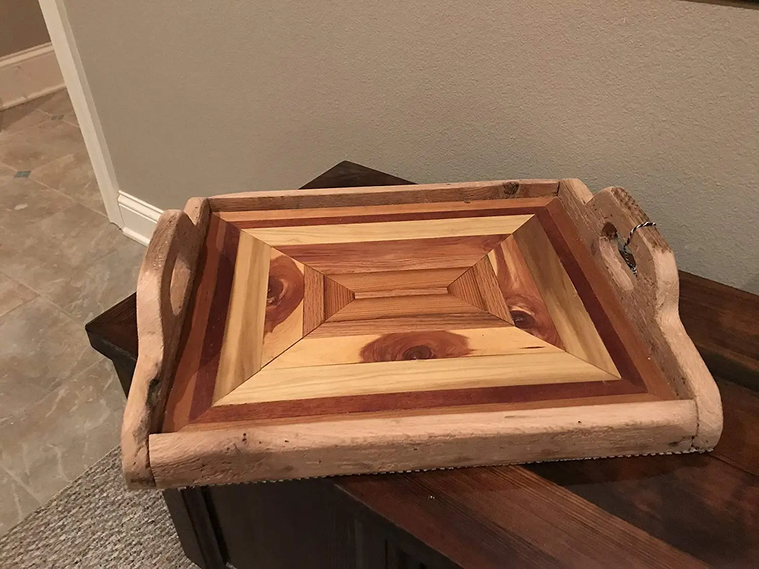 Buy Barnwood Rustic Wood Serving Tray with Black Handles 