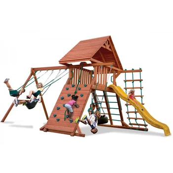 wooden climbing frame and swing