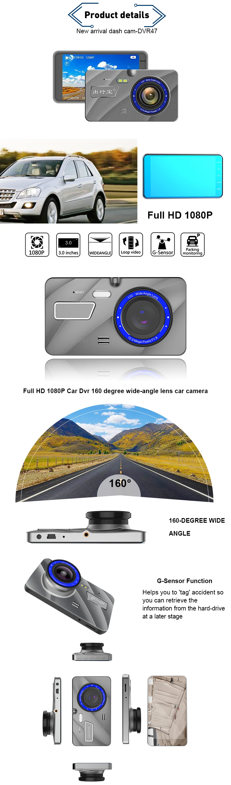 With wifi bike mini car dash cam monitor system rear view camera connector