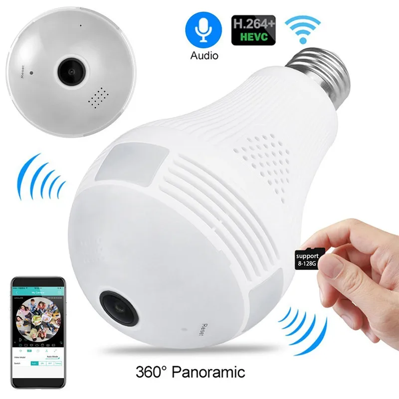 360 degree wifi light bulb fisheye wireless camera two way audio and support TF card